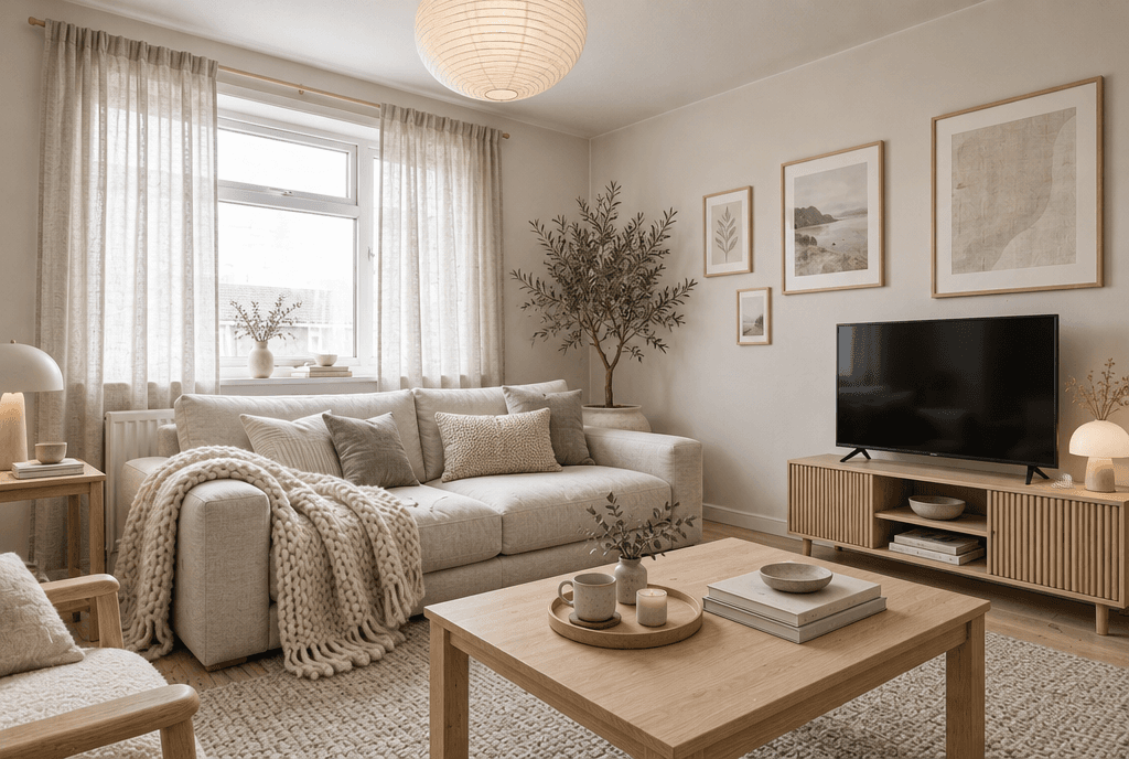 Living Room · add a large potted olive tree in the co