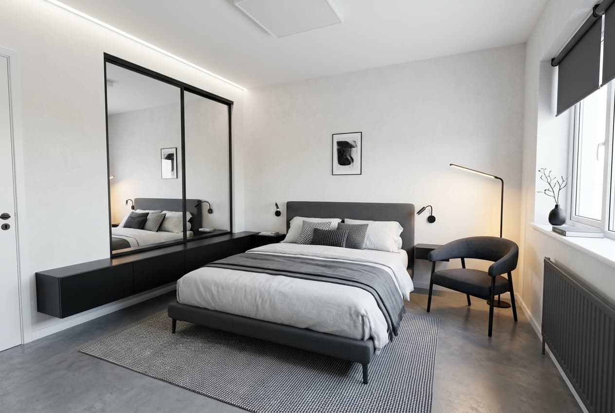 Bedroom · warm evening light from a single floor lamp