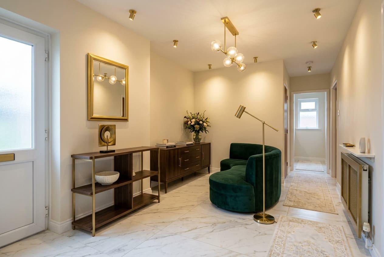 Hallway · a long low wooden sideboard along the far wall