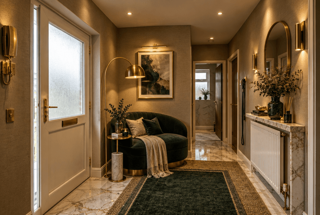 Hallway · more textiles: layered rugs and a wool throw