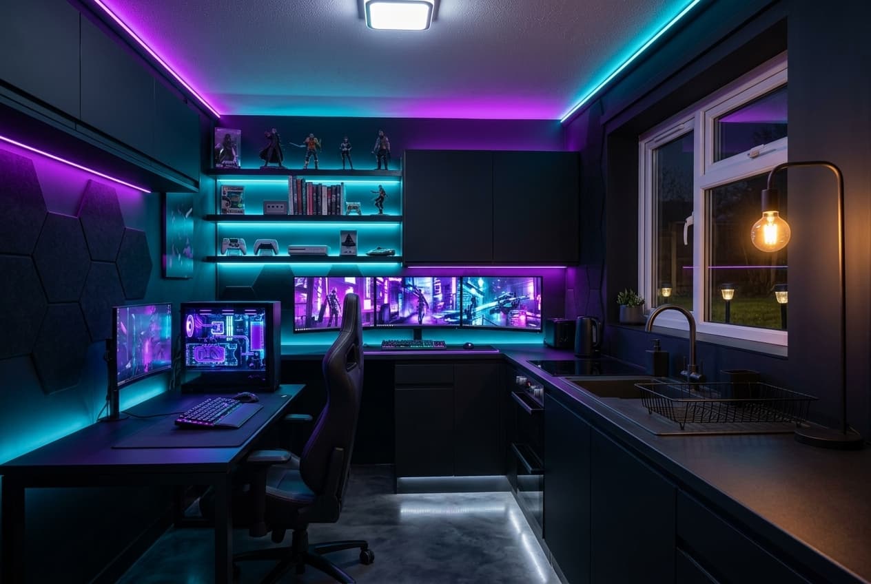 Kitchen · warm evening light from a single floor lamp
