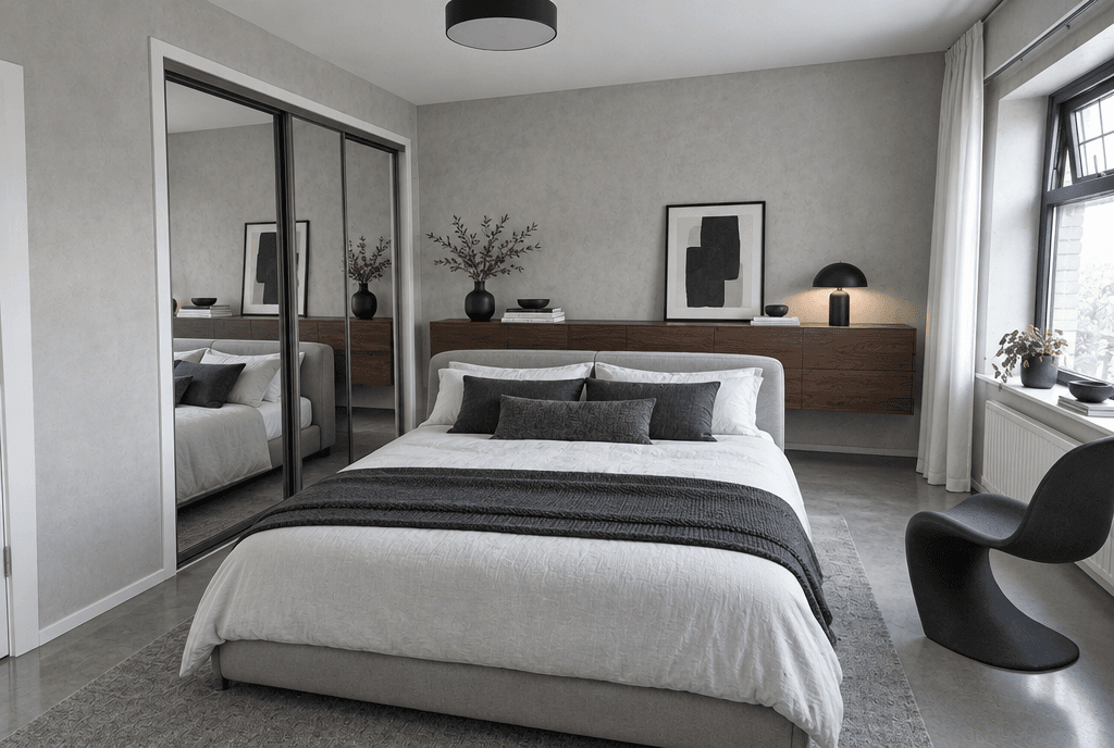 Bedroom · a long low wooden sideboard along the far wall