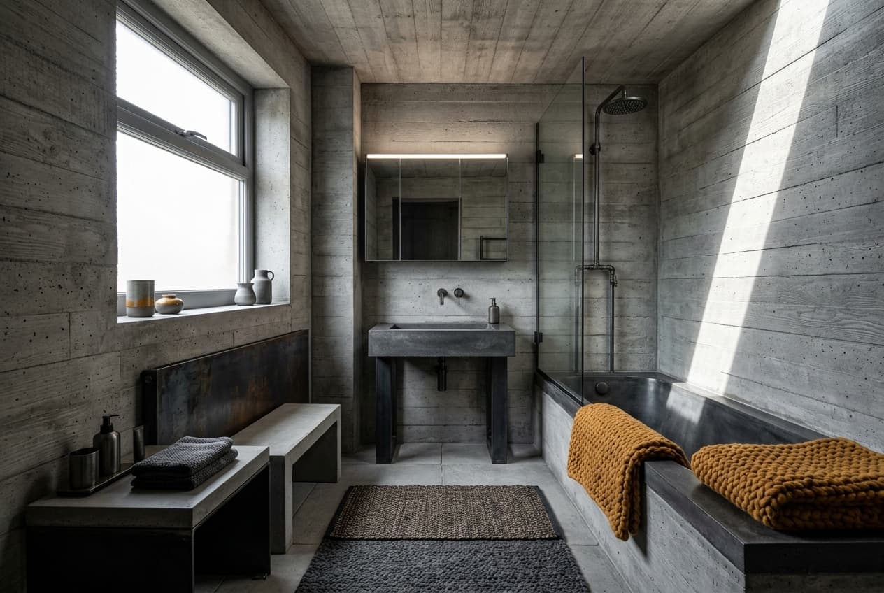 Bathroom · more textiles: layered rugs and a wool throw