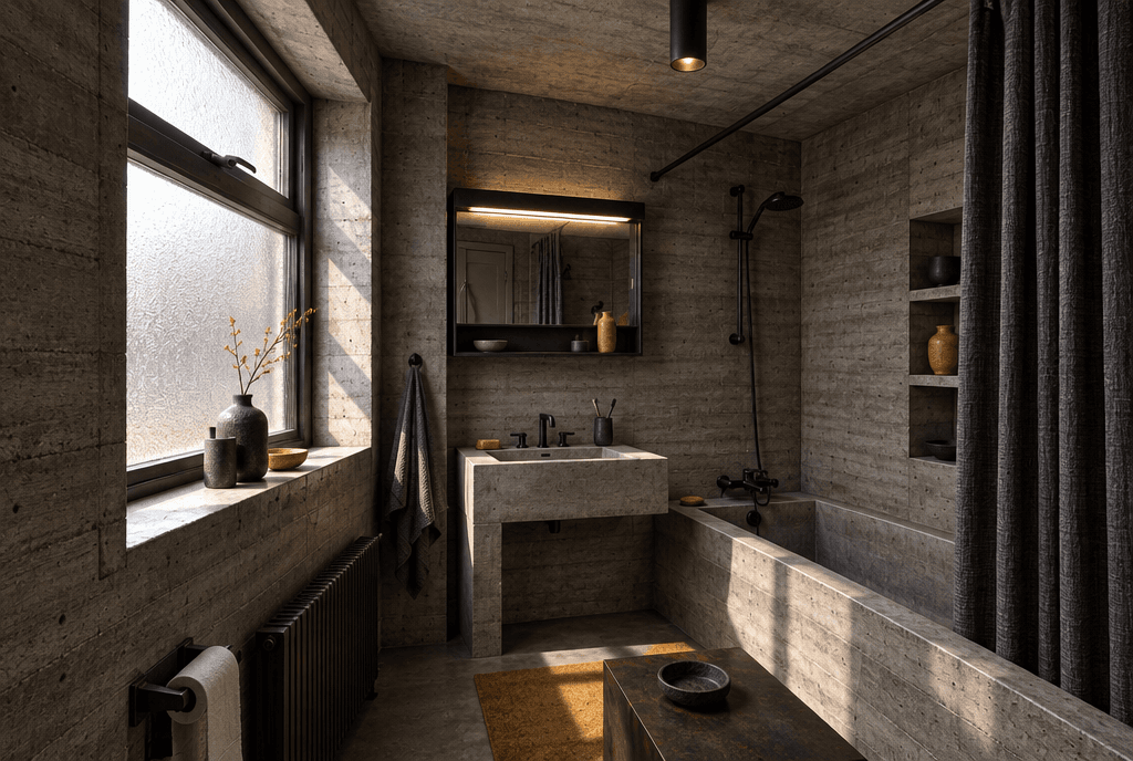 Bathroom · open shelving with a few ceramic objects, not