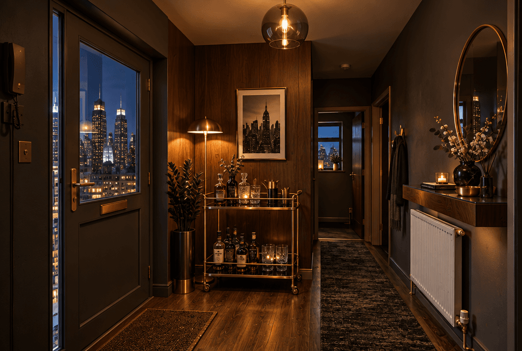 Hallway · warm evening light from a single floor lamp