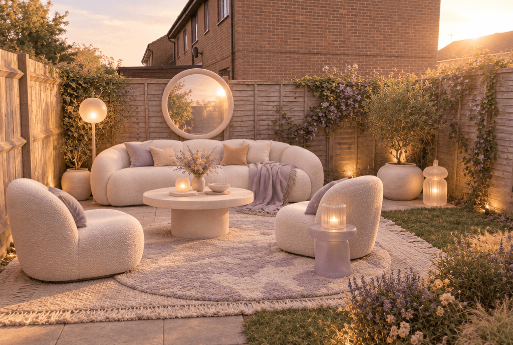 Outdoor · more textiles: layered rugs and a wool throw