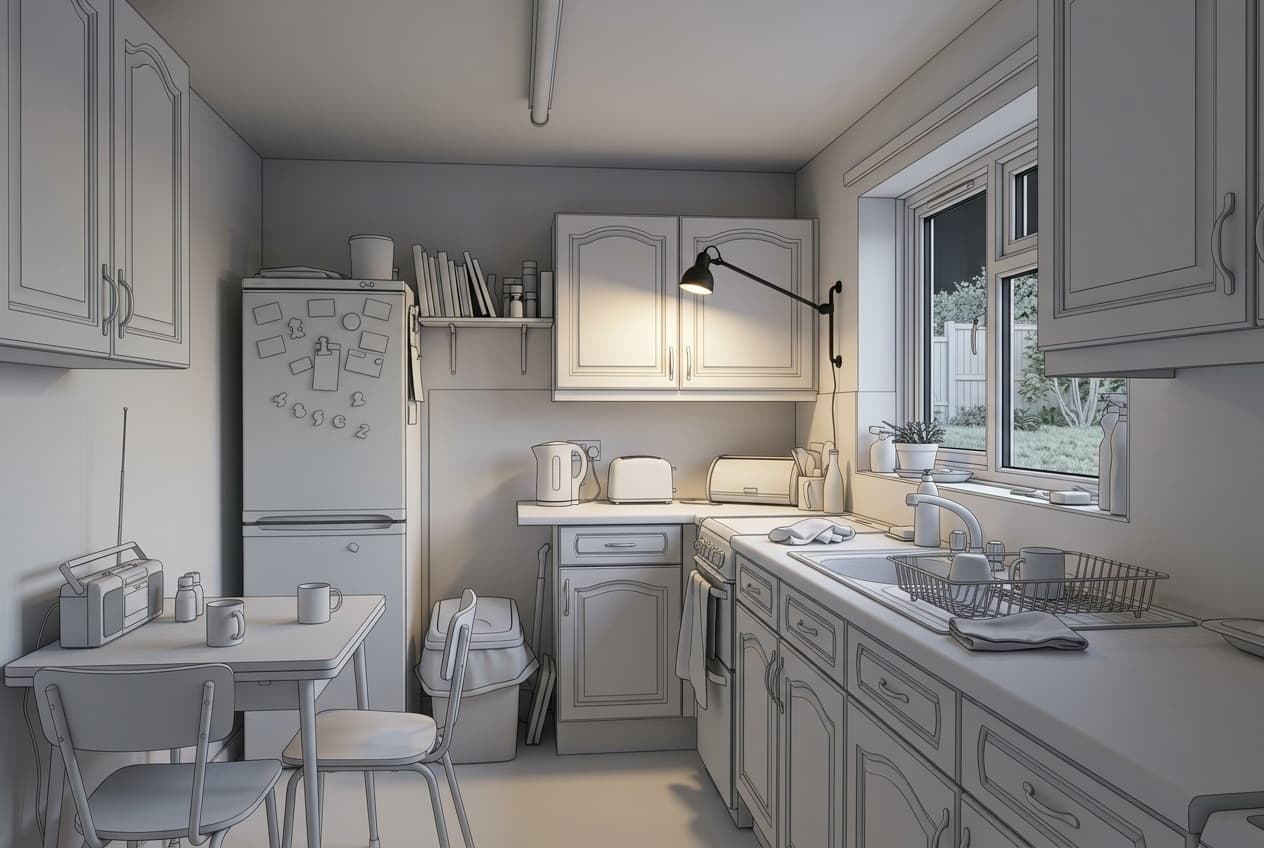 Kitchen · render as an architectural white massing mod