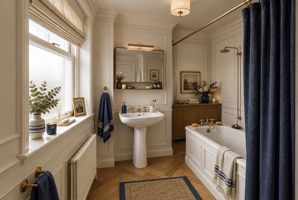 Bathroom · a long low wooden sideboard along the fa