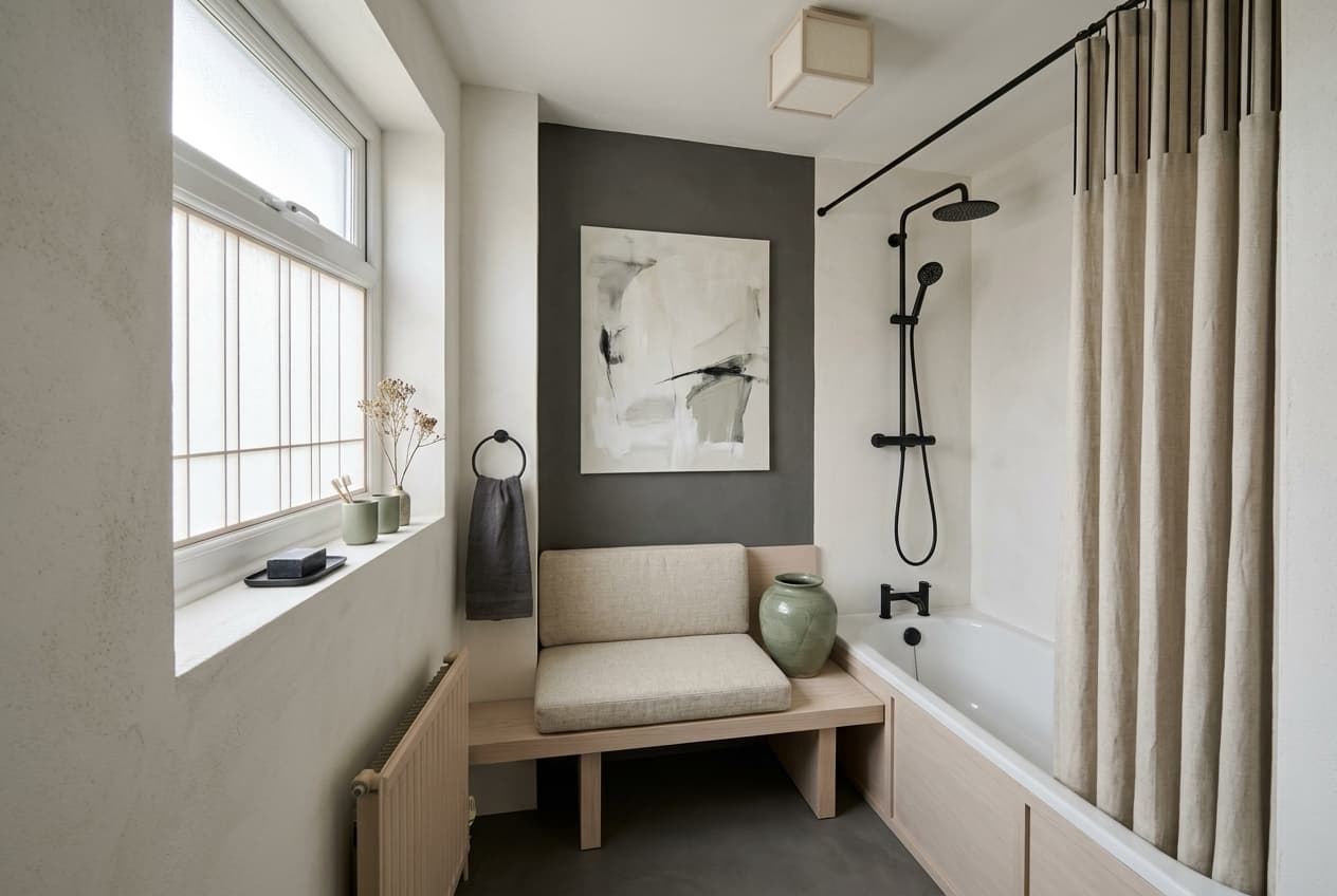 Bathroom · a large abstract painting above the main furnit