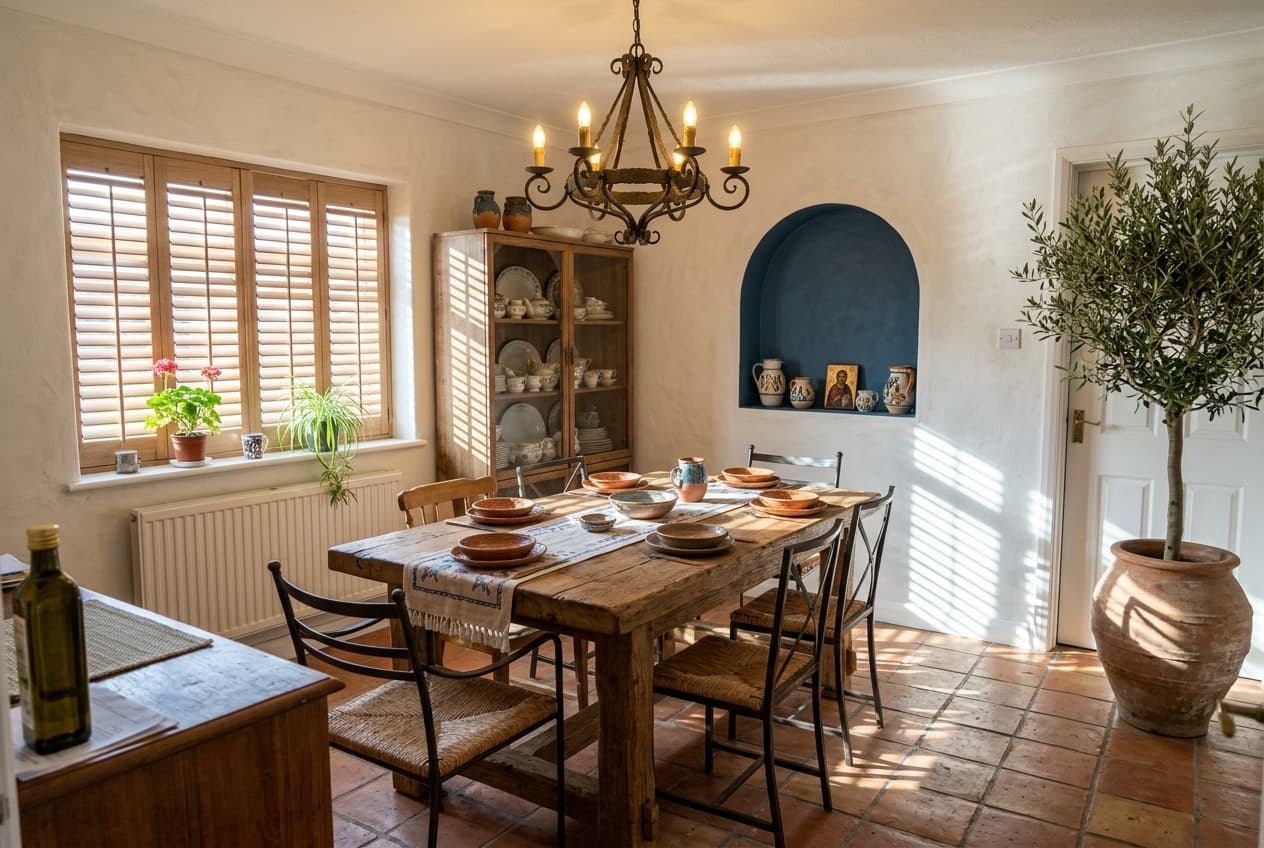 Dining Room · add a large potted olive tree in the c