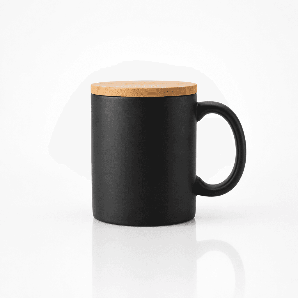 matte black ceramic mug with bamboo lid