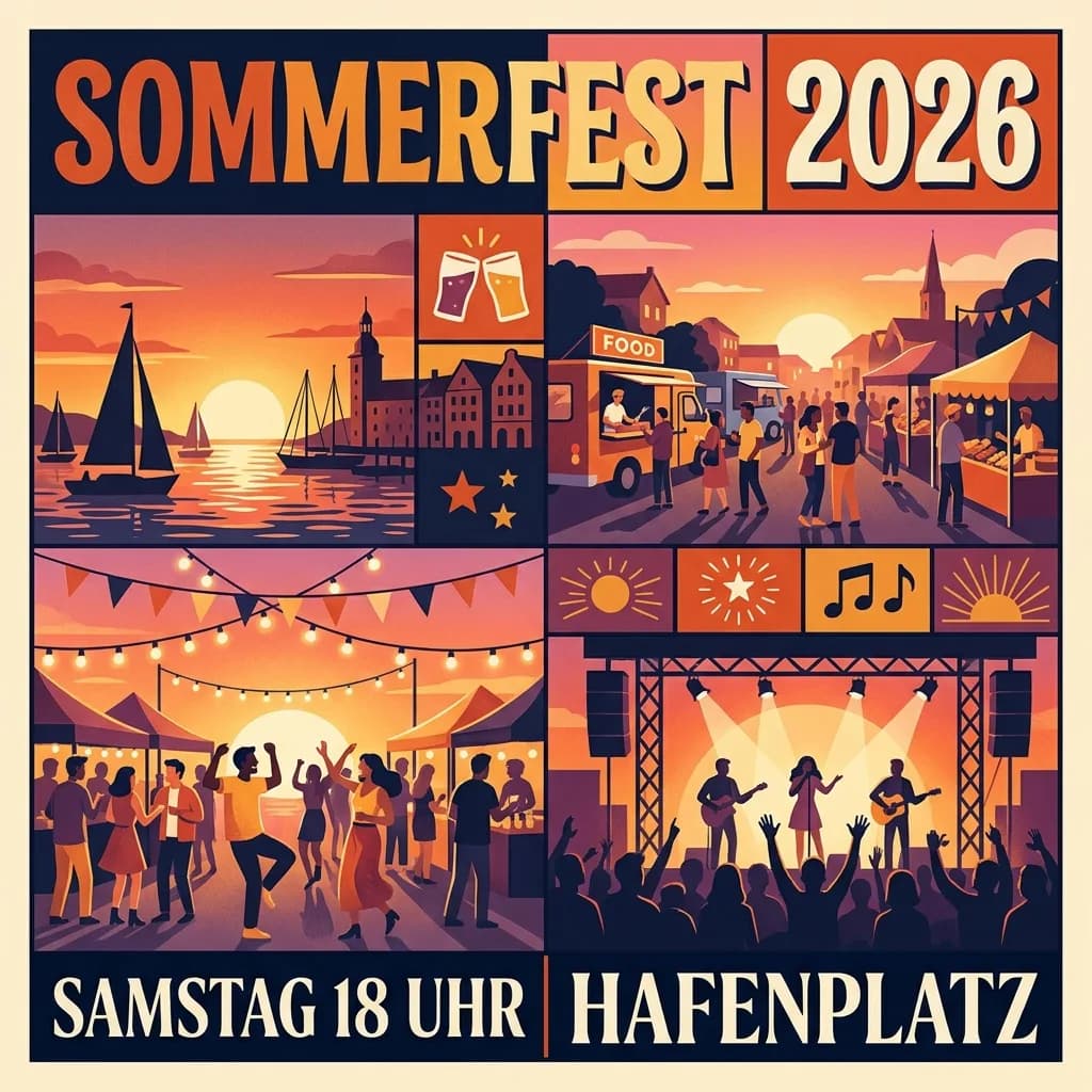 Poster für ein Sommerfest mit der Schlagzeile SOMMERFEST 2026 in warmen Sonnenuntergangsfarben