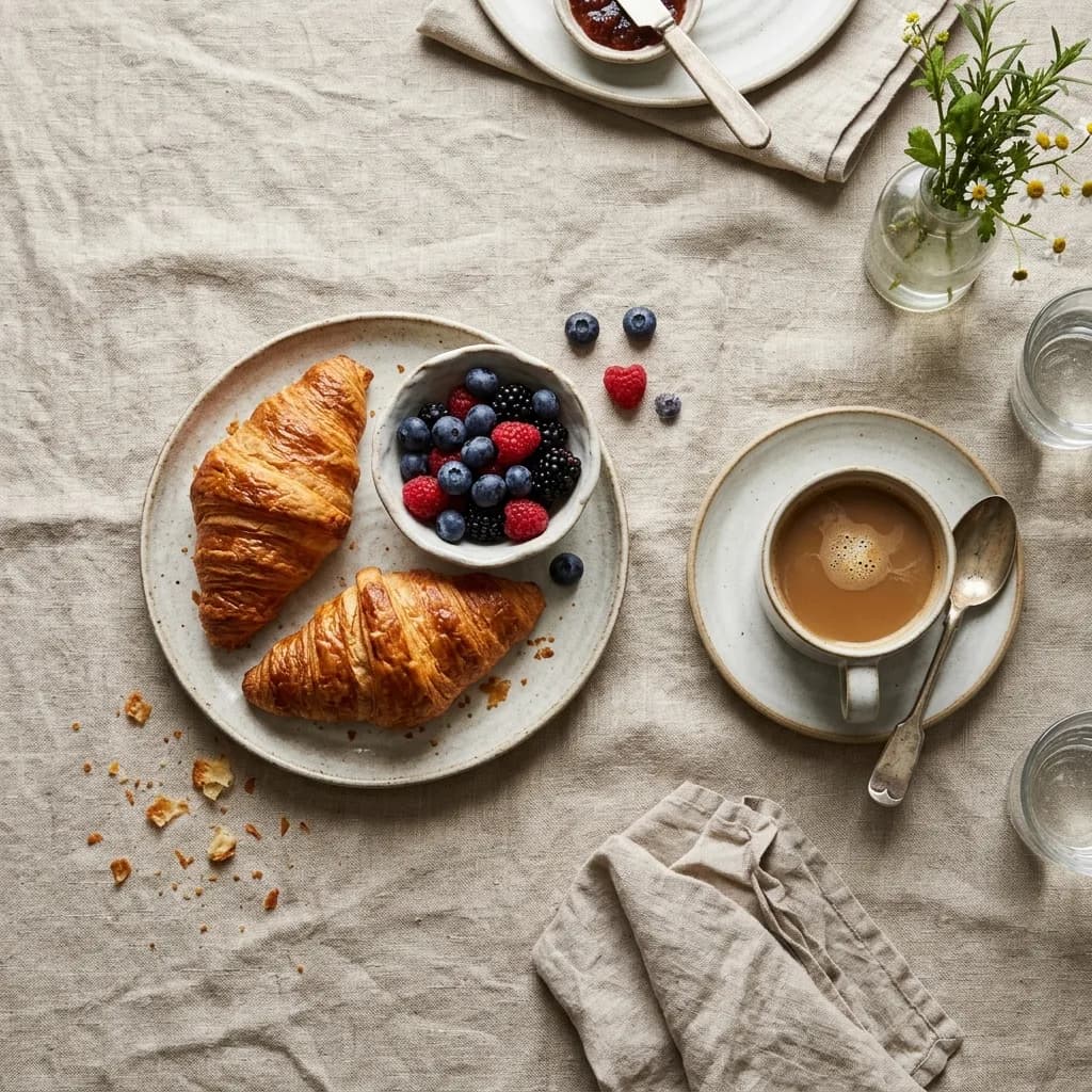 Frühstückstisch von oben mit Kaffee, Croissants und Beeren auf Leinen