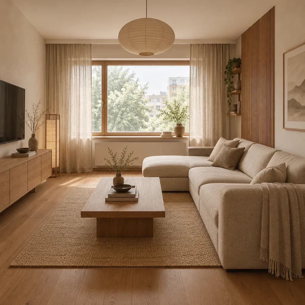 Dasselbe Wohnzimmer im Japandi-Stil in warmen Beigetönen