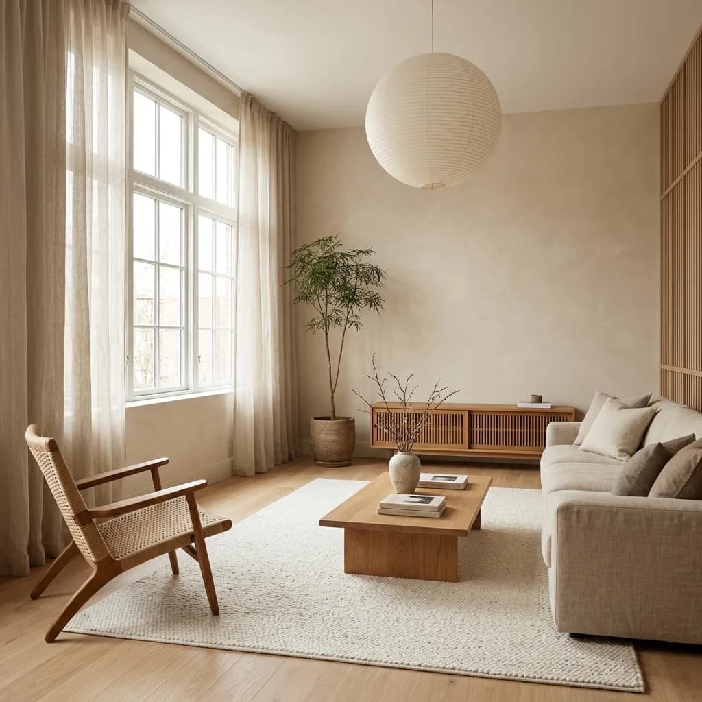 Wohnzimmer im Japandi-Stil mit hellem Holz, Fenster und Sofa an alter Stelle